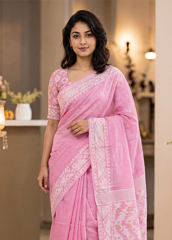 Pink Jamdani Cotton Saree Without Blouse Piece