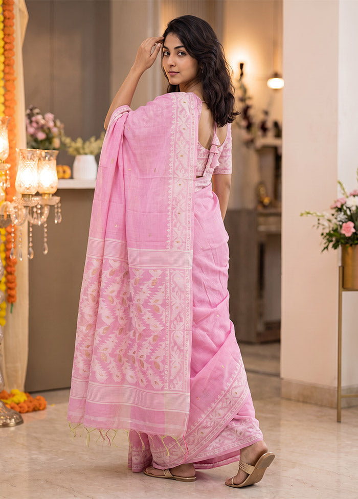 Pink Jamdani Cotton Saree Without Blouse Piece