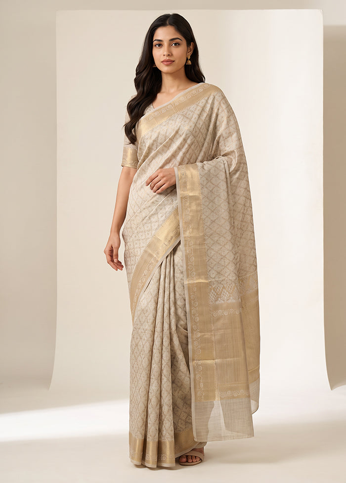 Cream Kora Silk Saree With Blouse Piece