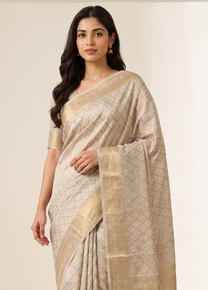 Cream Kora Silk Saree With Blouse Piece