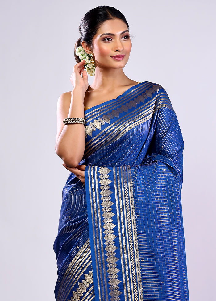 Blue Katan Silk Saree With Blouse Piece