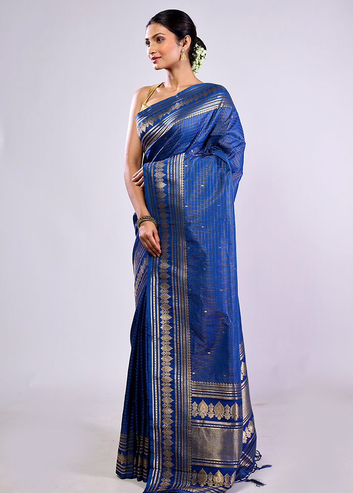 Blue Katan Silk Saree With Blouse Piece