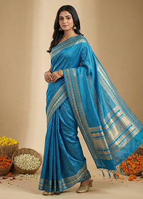 Blue Katan Silk Saree With Blouse Piece