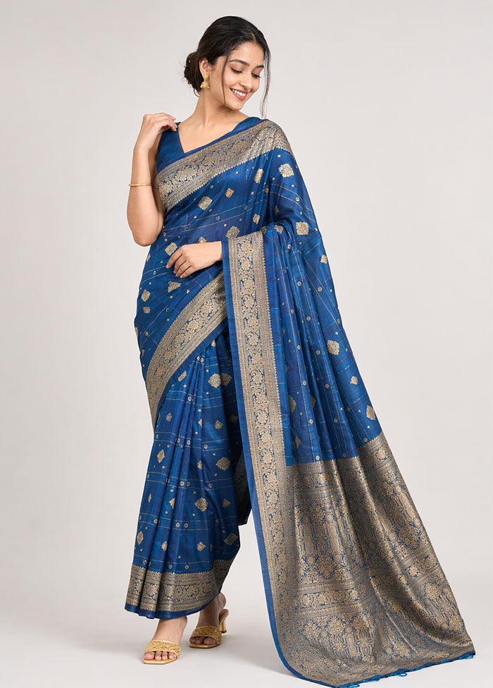 Blue Katan Silk Saree With Blouse Piece