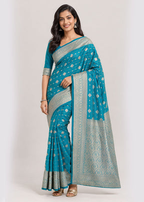 Blue Katan Silk Saree With Blouse Piece