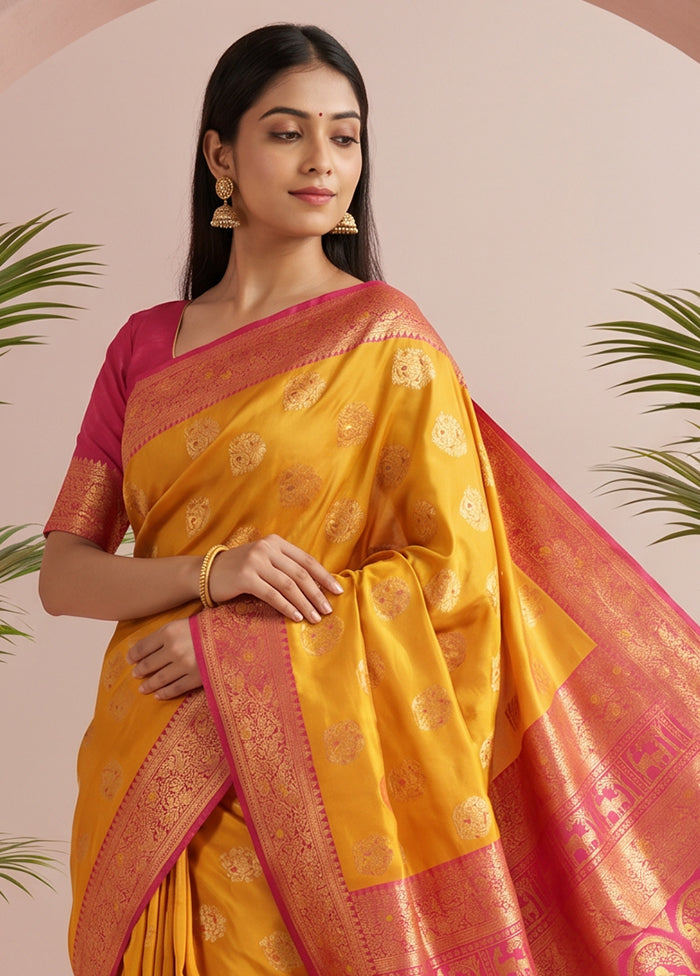 Yellow Baluchari Silk Saree With Blouse Piece