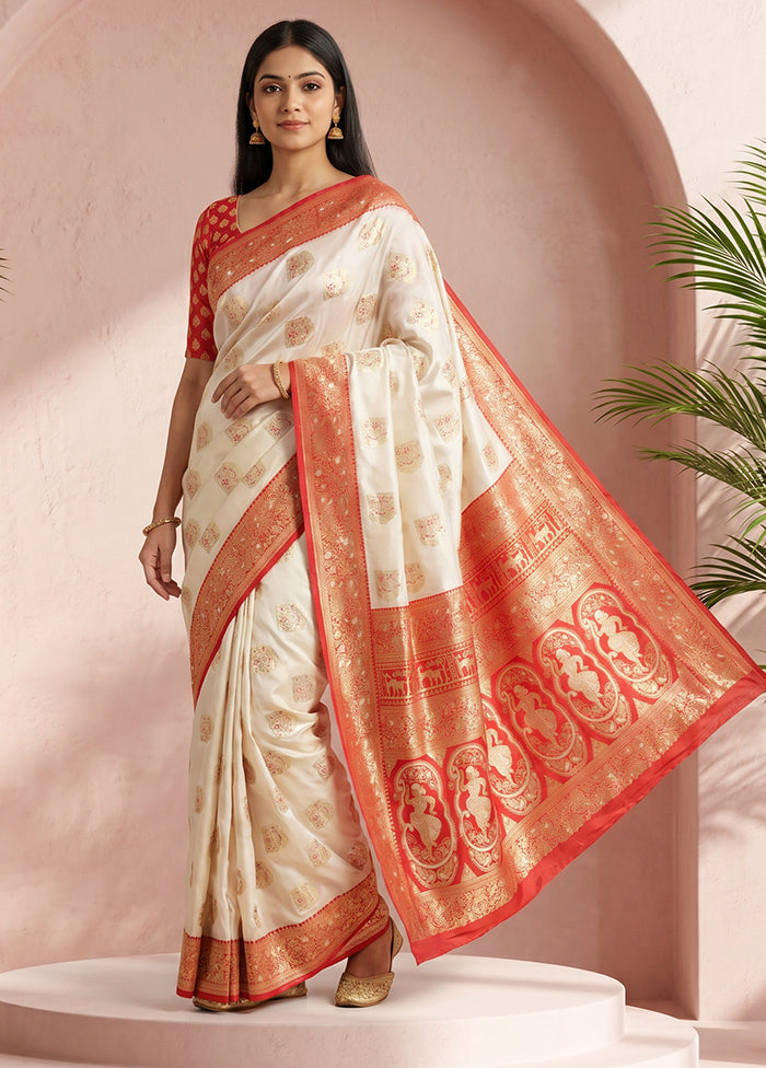 White Baluchari Silk Saree With Blouse Piece