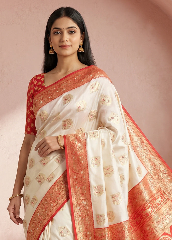White Baluchari Silk Saree With Blouse Piece
