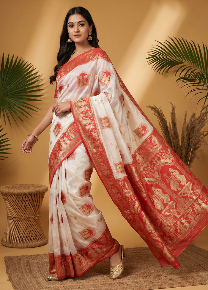 White Baluchari Silk Saree With Blouse Piece