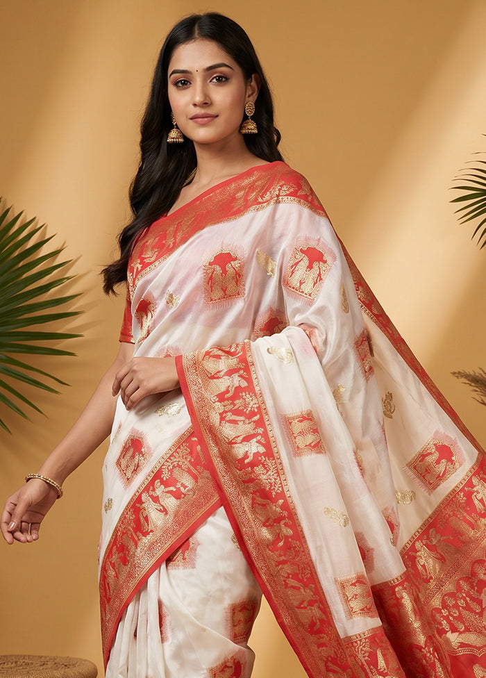 White Baluchari Silk Saree With Blouse Piece