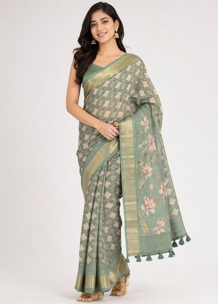 Green Tussar Silk Saree With Blouse Piece