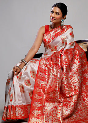 Red & White Baluchari Silk Saree With Blouse Piece