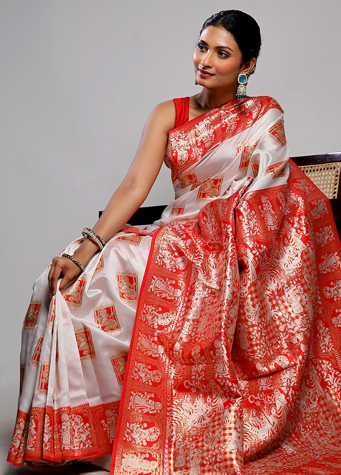 Red & White Baluchari Silk Saree With Blouse Piece
