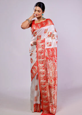 Red & White Baluchari Silk Saree With Blouse Piece