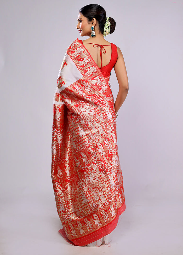 Red & White Baluchari Silk Saree With Blouse Piece