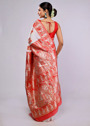 Red & White Baluchari Silk Saree With Blouse Piece