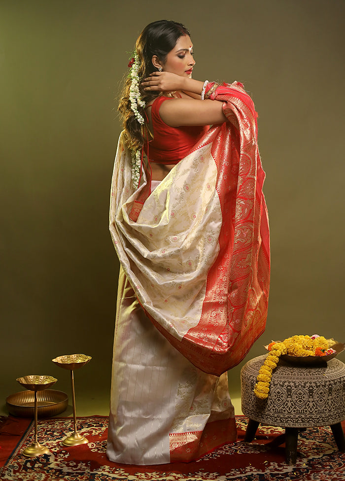 White Dupion Silk Saree With Blouse Piece