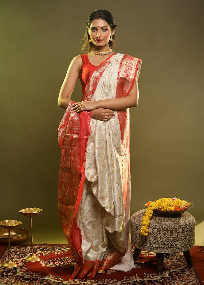 White Dupion Silk Saree With Blouse Piece