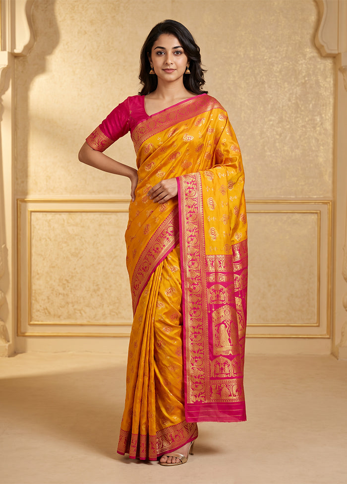 Yellow Baluchari Silk Saree With Blouse Piece