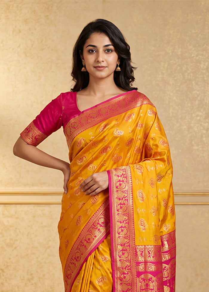 Yellow Baluchari Silk Saree With Blouse Piece