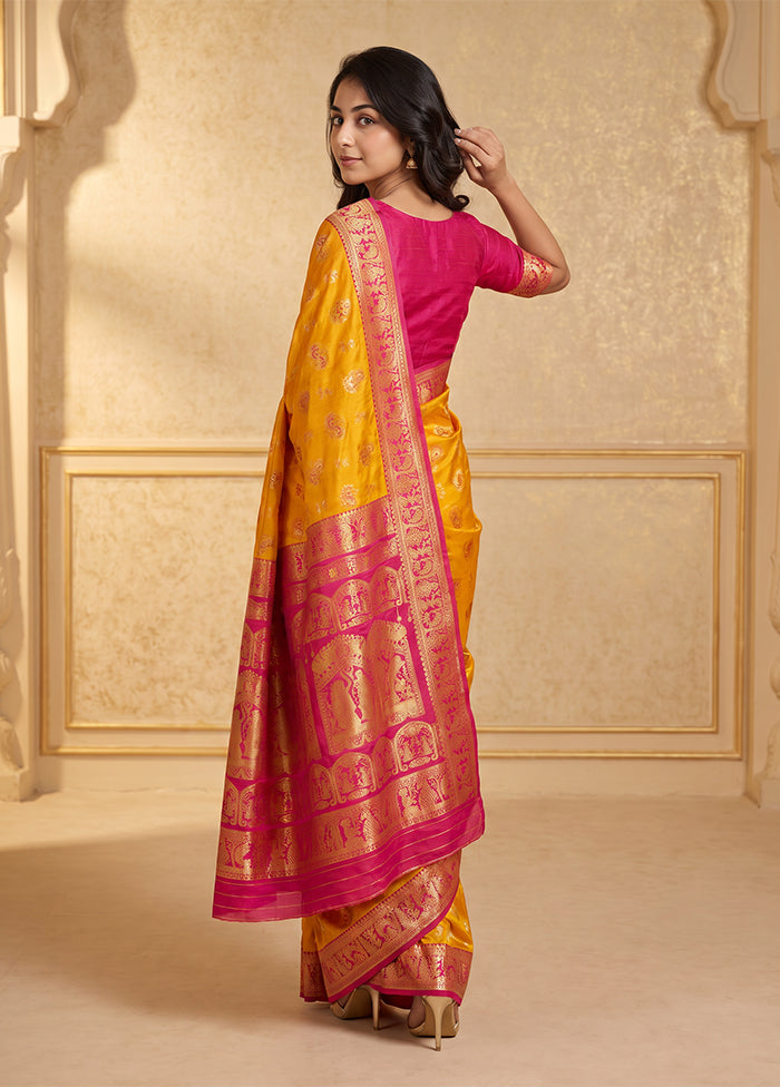 Yellow Baluchari Silk Saree With Blouse Piece