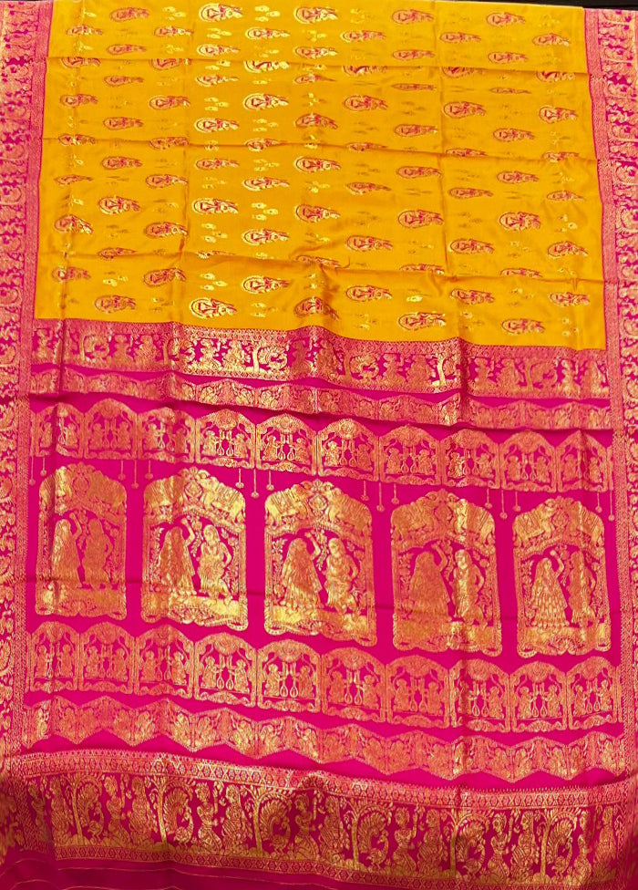 Yellow Baluchari Silk Saree With Blouse Piece