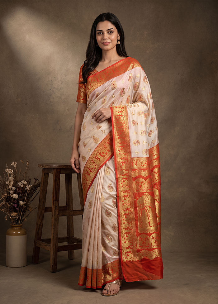 White Baluchari Silk Saree With Blouse Piece