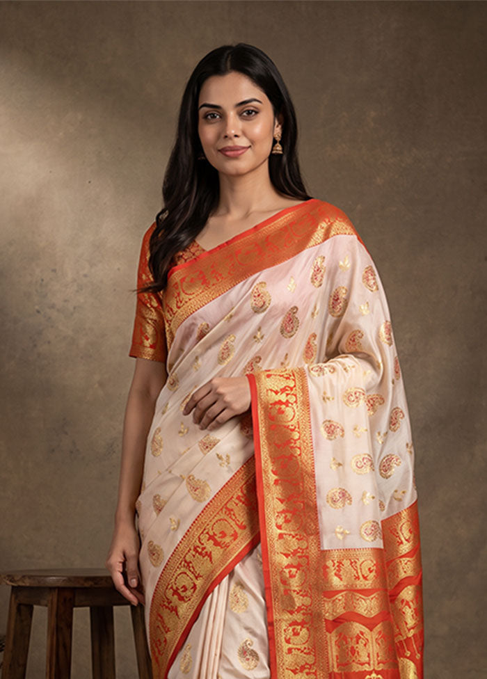 White Baluchari Silk Saree With Blouse Piece