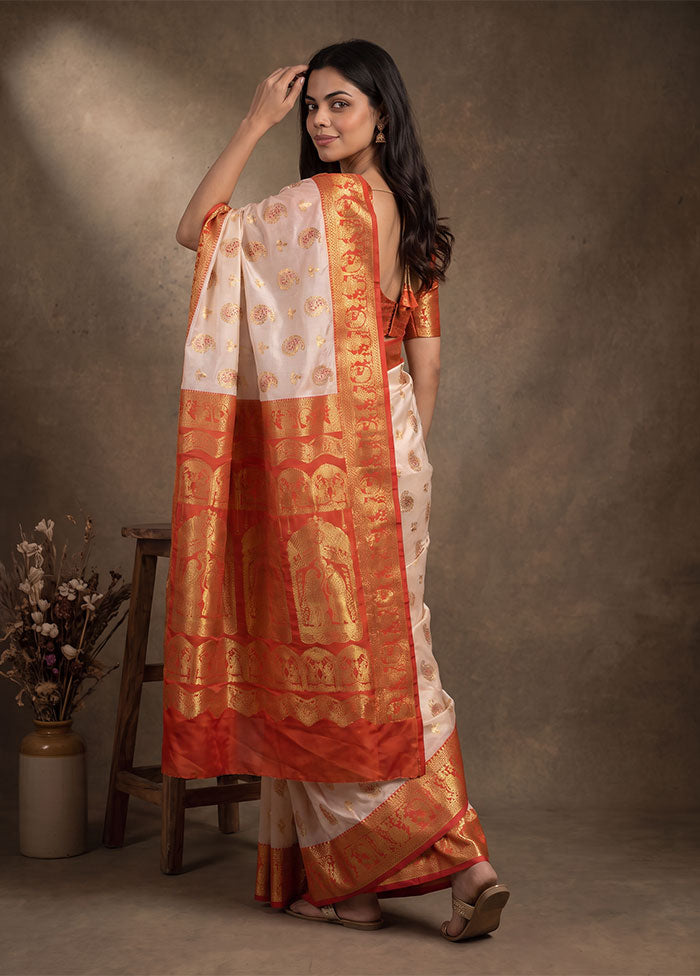 White Baluchari Silk Saree With Blouse Piece