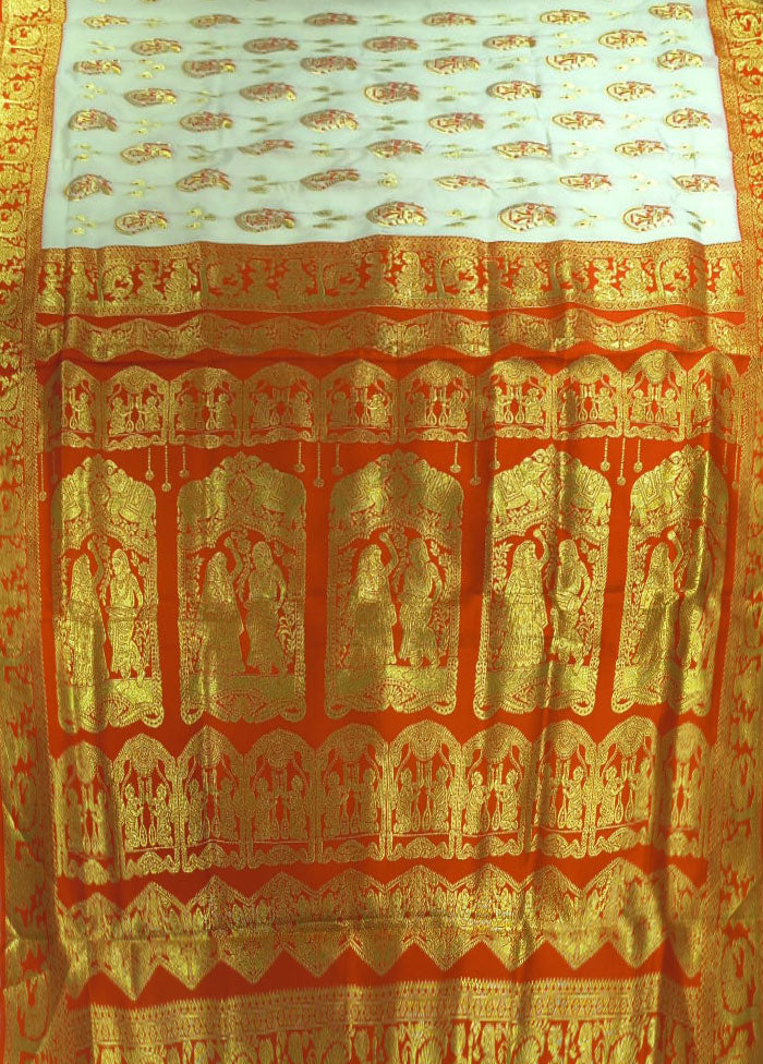 White Baluchari Silk Saree With Blouse Piece