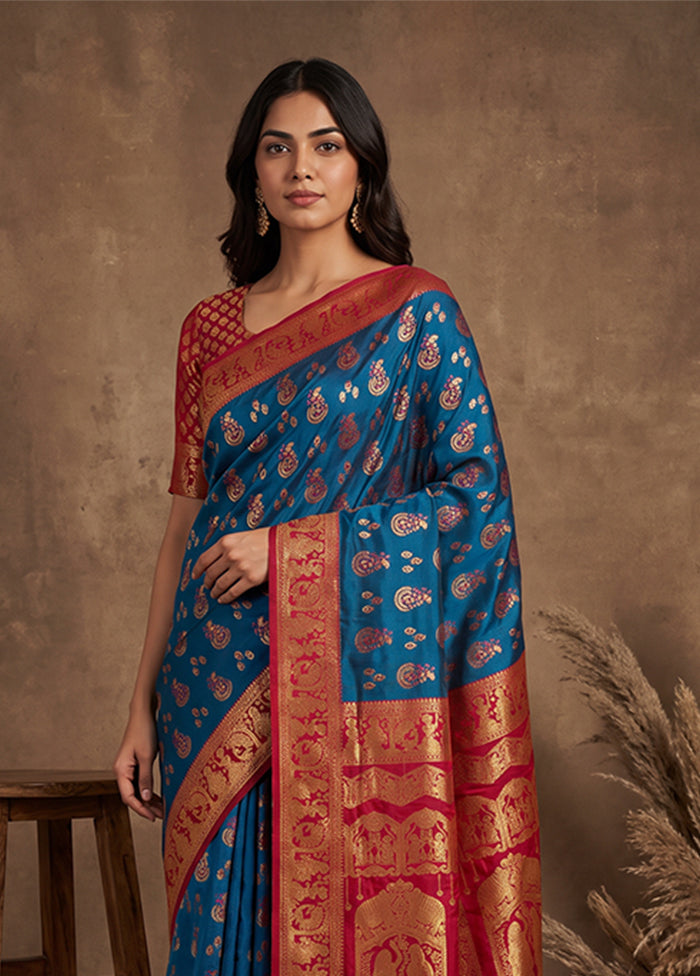 Blue Baluchari Silk Saree With Blouse Piece
