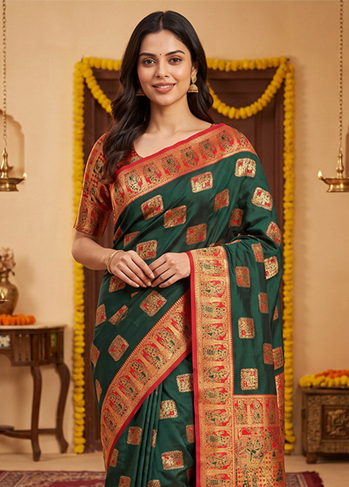 Green Baluchari Silk Saree With Blouse Piece
