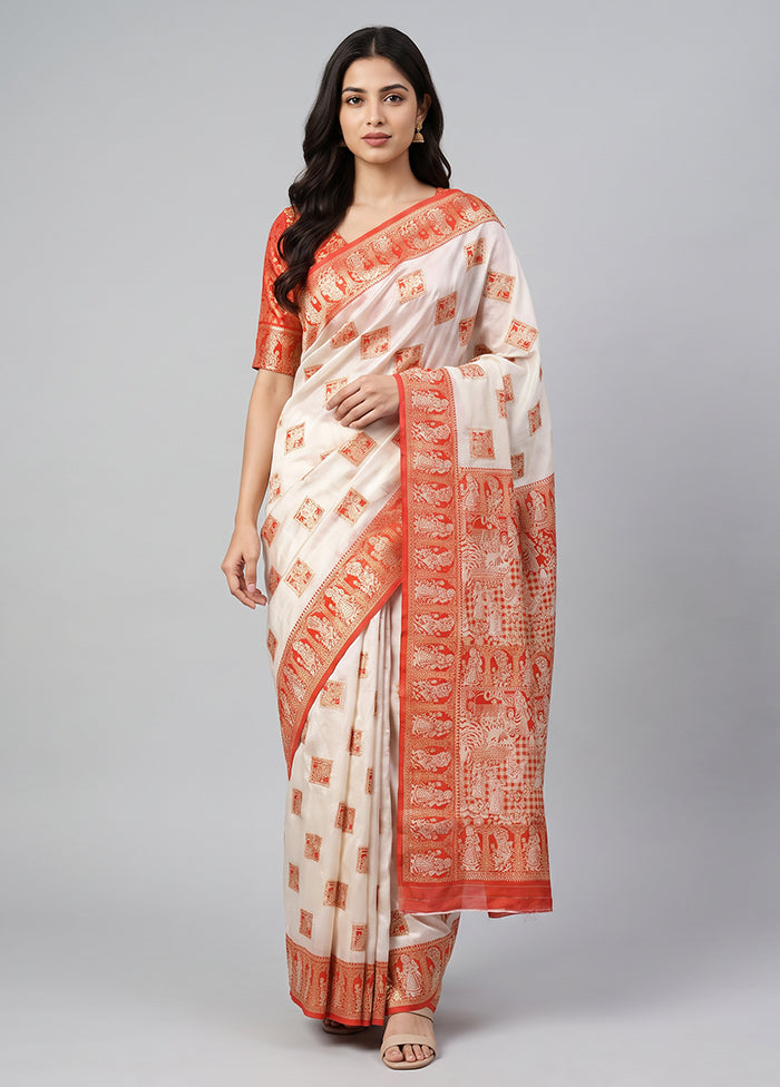 White Baluchari Silk Saree With Blouse Piece