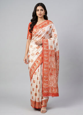 White Baluchari Silk Saree With Blouse Piece