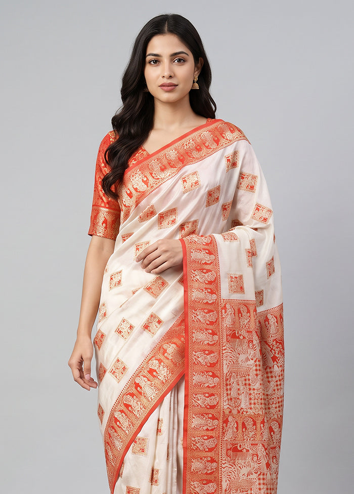 White Baluchari Silk Saree With Blouse Piece