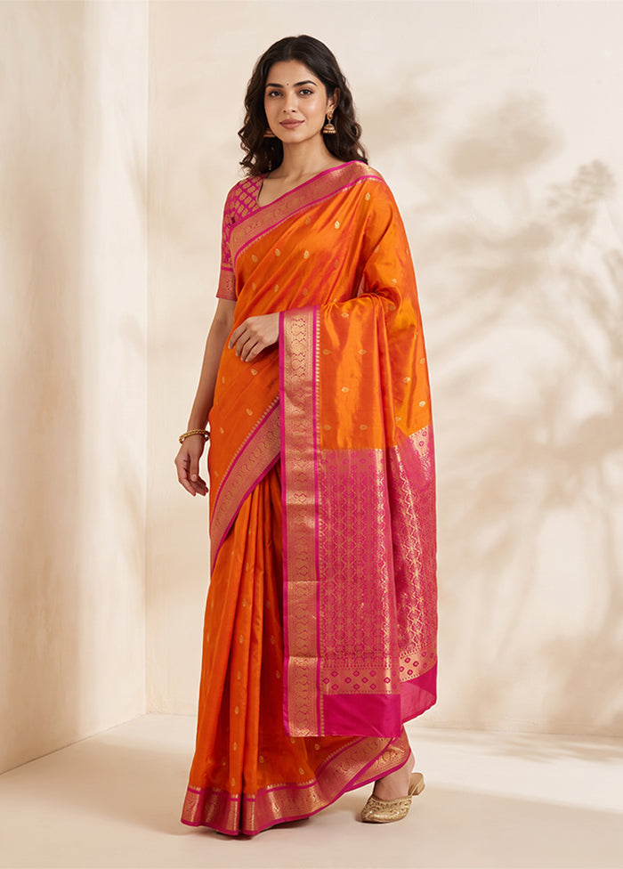 Rust Handloom Kanjivaram Pure Silk Saree With Blouse Piece