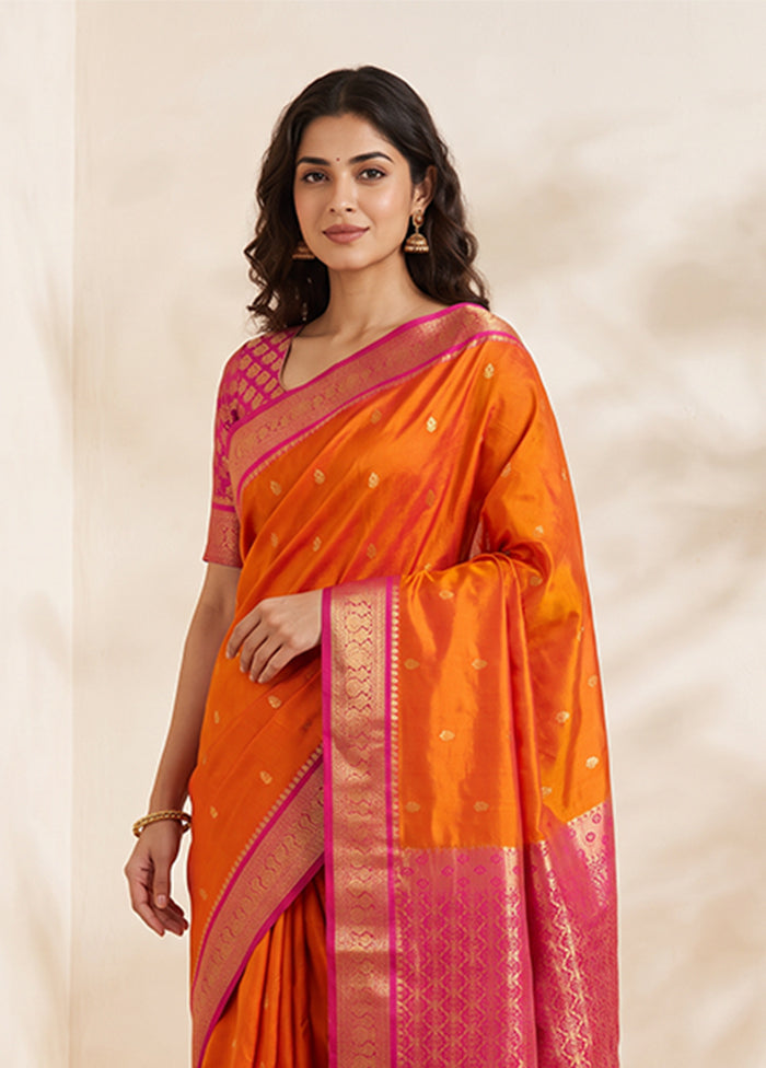 Rust Handloom Kanjivaram Pure Silk Saree With Blouse Piece