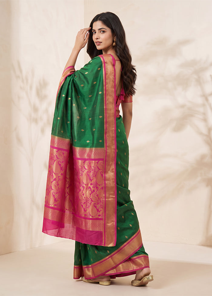Green Handloom Kanjivaram Pure Silk Saree With Blouse Piece