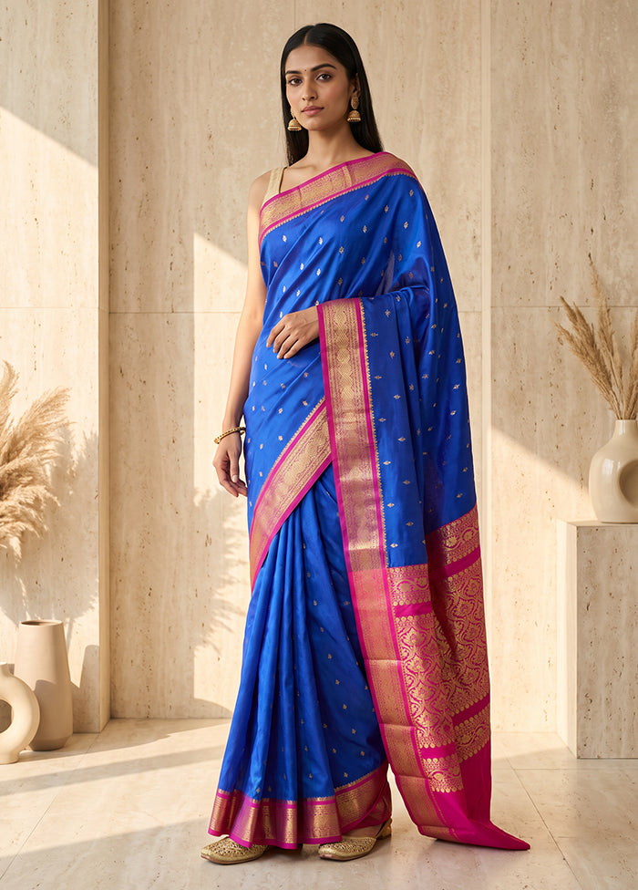 Blue Handloom Kanjivaram Pure Silk Saree With Blouse Piece