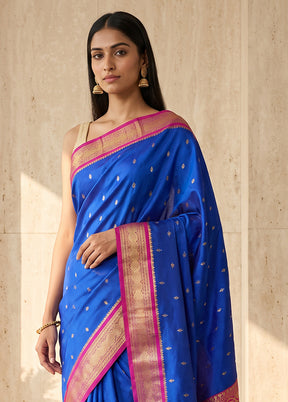 Blue Handloom Kanjivaram Pure Silk Saree With Blouse Piece