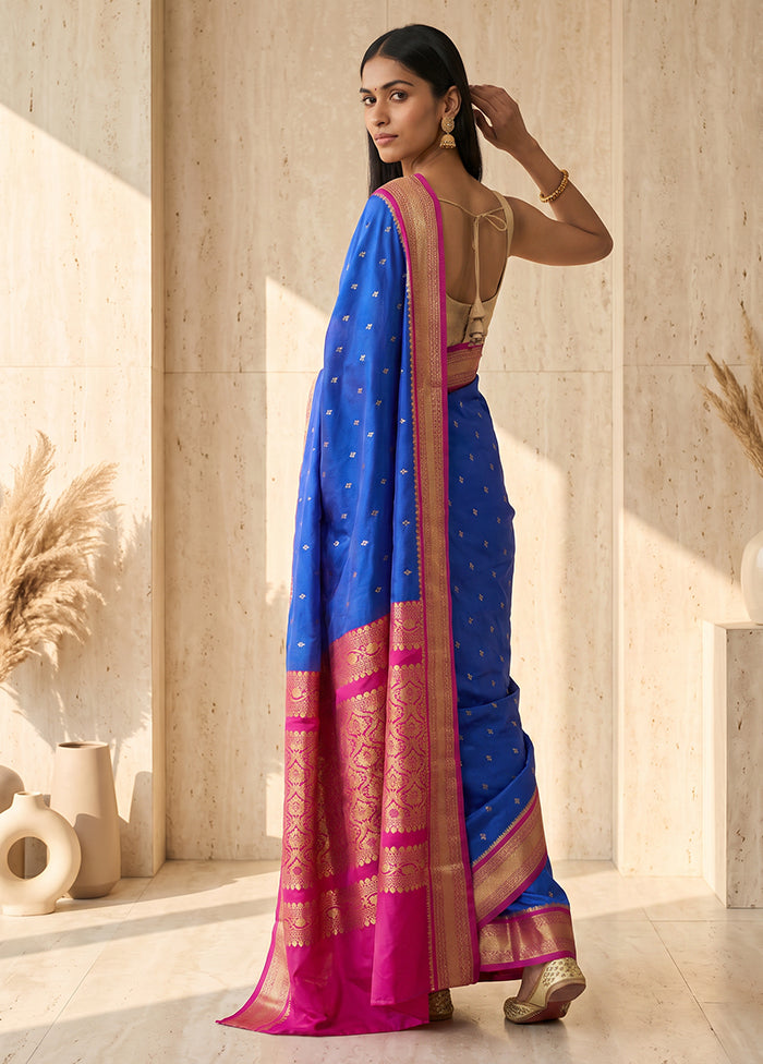 Blue Handloom Kanjivaram Pure Silk Saree With Blouse Piece