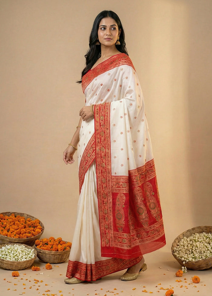 White Dupion Silk Saree With Blouse Piece