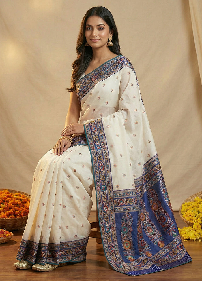 White Dupion Silk Saree With Blouse Piece