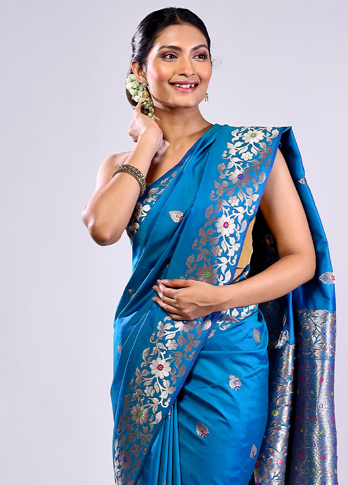 Blue Dupion Silk Saree With Blouse Piece