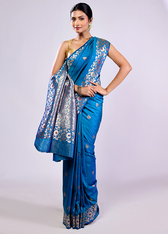 Blue Dupion Silk Saree With Blouse Piece