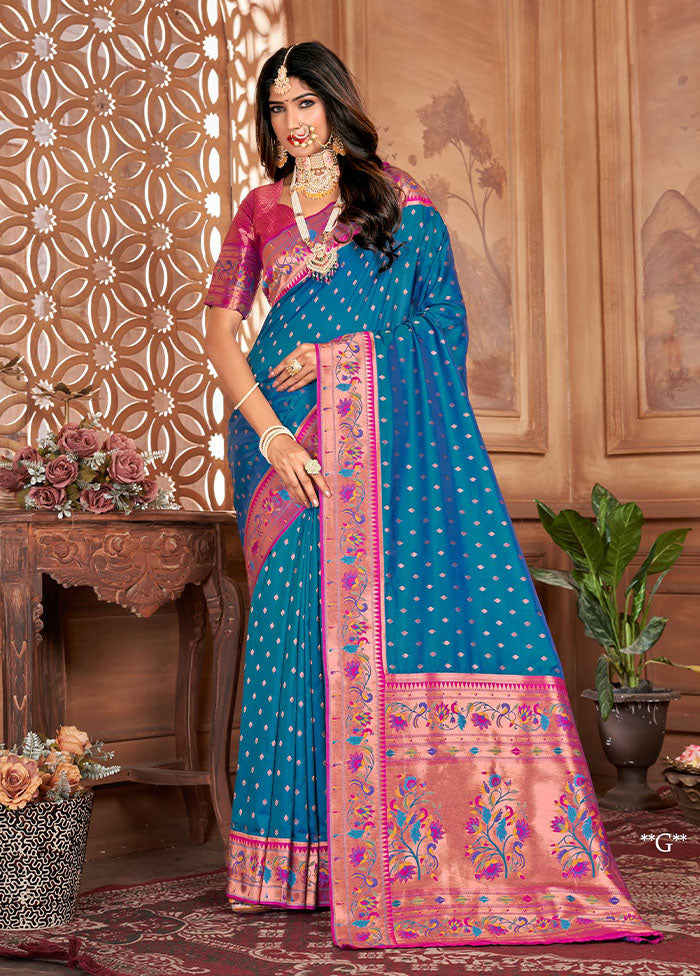 Blue Dupion Silk Saree With Blouse Piece