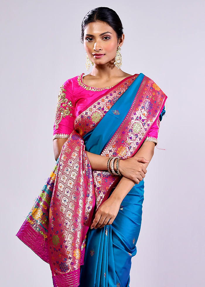 Blue Katan Silk Saree With Blouse Piece