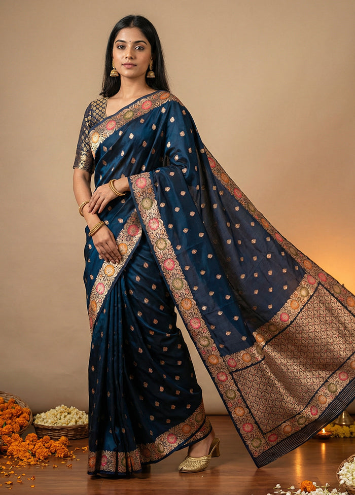 Blue Katan Silk Saree With Blouse Piece