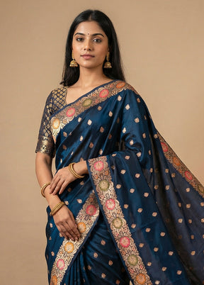 Blue Katan Silk Saree With Blouse Piece