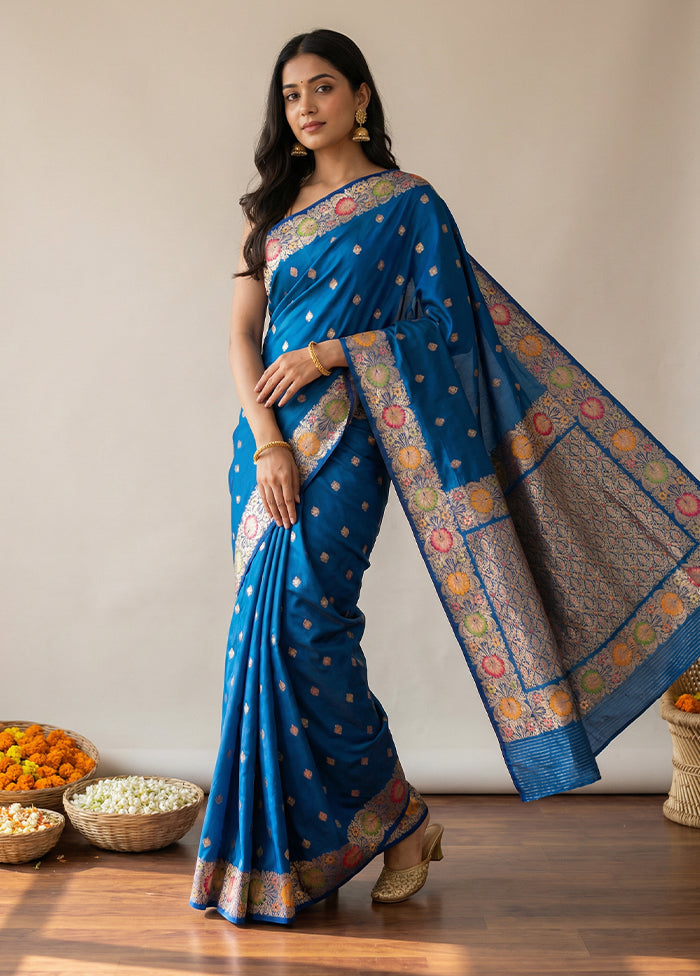 Blue Katan Silk Saree With Blouse Piece